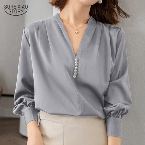 2021 Fall Fashion Pure Solid Temperament Women Shirt Satin Gloss Long-sleeved Blouse Woman Beading Elegant V-neck Blouses 16500