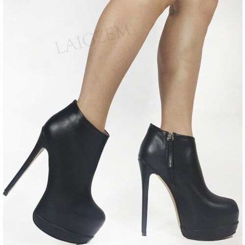 LAIGZEM SUPER Women Ankle Platform Boots High Heels Platform Booties Side Zip Faux Leather Shoes Woman Big Size 43 44 48 50 52