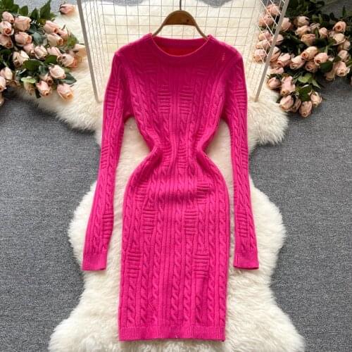 Korean Fashion Solid Chic Knitting Dresses Women Autumn Vintage Twist Long Sleeves O-neck Versatile Casual Sweater Dress Vestido