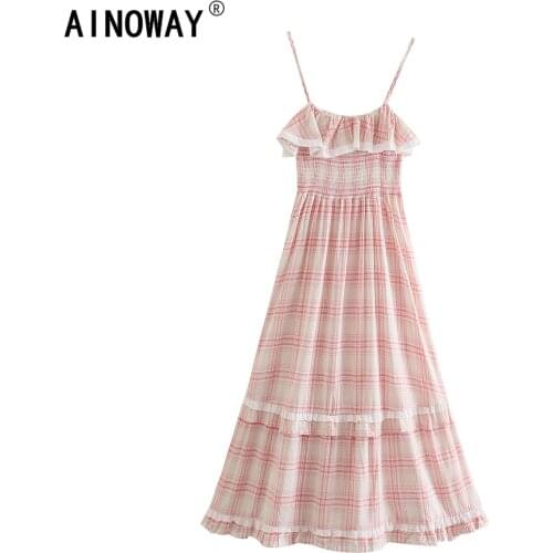 Vintage chic women pink striped sleeveless Bohemian Spaghetti Strap dress Ladies Summer rayon Maxi Boho dress vestidos