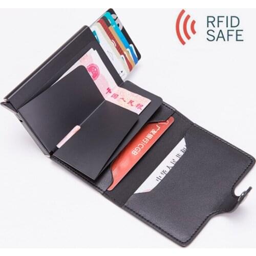 2019 Metal Men Card Holder RFID Aluminium Alloy Credit Card Holder PU Leather Wallet Antitheft Wallets Automatic Up Card Case