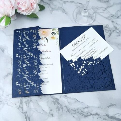 Navy Shiny Leaves Laser Cut Wedding Party Invitation Kits, Personalized Printing Pocket Invitations for Anniversary 50pcs
