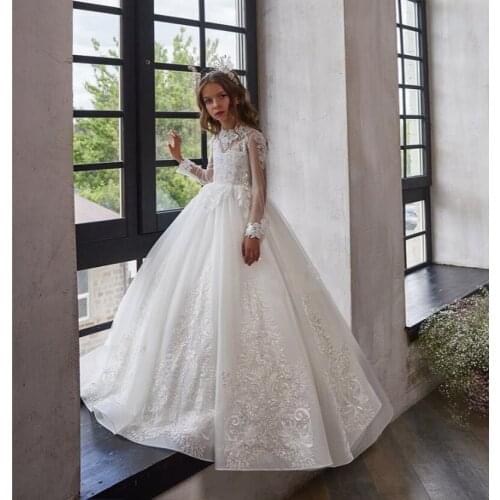 Ball Gown Long Sleeve Flower Girl Dress Puffy Tulle Applique Sequins Kid First Communion Dress Size 1-14Y