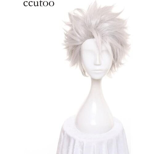 Ccutoo Mens BLEACH Hitsugaya Toushirou Short Silver White Layered Fluffy Synthetic Cosplay Hair Wigs Heat Resistance Fiber