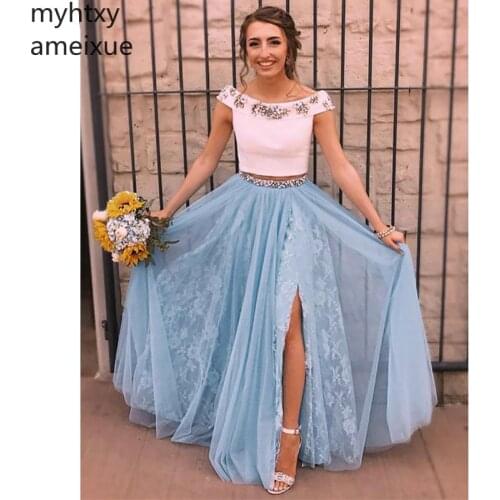Elegant Evening Dresses 2019 A-Line Floor Length Two Pieces Off Shoulder Side Split Evening Gowns Custom Made Plus Size Robe