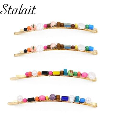 Geometric Irregular Natural Stone Bar Hair Clips Gold Color Metal Fresh Pearl Crystal Hair Barrette For Girl Hair Accessories
