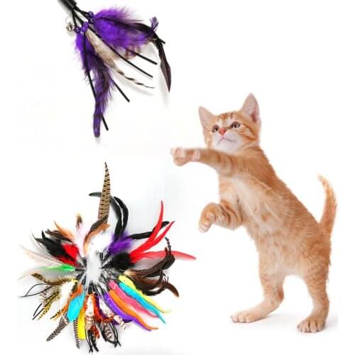 Dropship Pet Cat Toy Teaser Bell Feather Stretch Fishing Rod Play Wand Interactive Toys Pets Accessories Replacement Heads Set