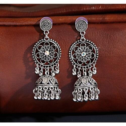 Classic Womens Silver Color Flower Earrings Turkey Bijoux Vintage Bohemia Earrings Ethnic Tribe Indian Jewelry
