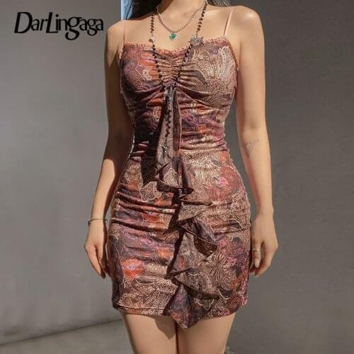 Darlingaga Vintage Grunge Fairycore Printed Strap Lace Trim Summer Dress Female Ruched Fashion Club Party Dress Ruffles Clothes