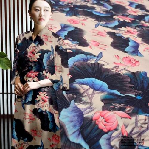 Lotus digital fabric printing silk linen fabric 35mm heavy silk fabric clothing dress natural linen fabric wholesale silk cloth