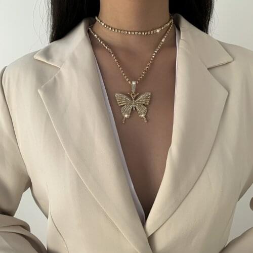 Fashion jewelry with simple and fresh claw chain rhinestone multilayer big butterfly necklace for female party gifts wholesale
