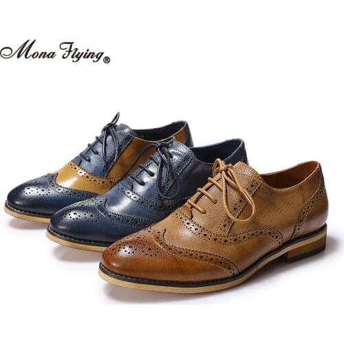 Mona Flying Womens Leather Oxfords Lace Up Mixed-Color Brogue Wingtip Derby Saddle Shoes for Work OL Ladies Girls B098-3