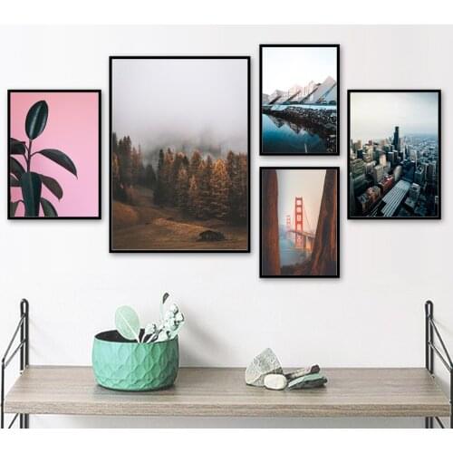 Forest City Golden Gate Bridge Landscape Nordic Posters and Prints Wall Art Canvas Painting Wall Pictures for Living Room Decor