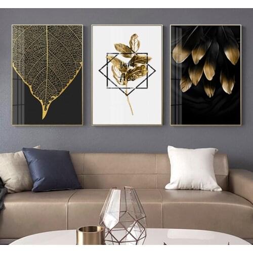 Fancy Golden leaves Hollowing out English letter modern decorative Picture Canvas Wall Art Poster for room hotel office decor