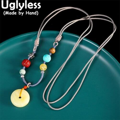 Uglyless Simple Ethnic Multi Gemstones Infinity Rope Necklaces for Women Natural Agate Amber Beeswax Turquoise Pendants Necklace