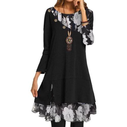 Midi Dresses Loose Dress LongSleeve Ruffles Bodycon Dresses Autumn Flower Print Patchwork Women Round Neck Long Dress for Dating