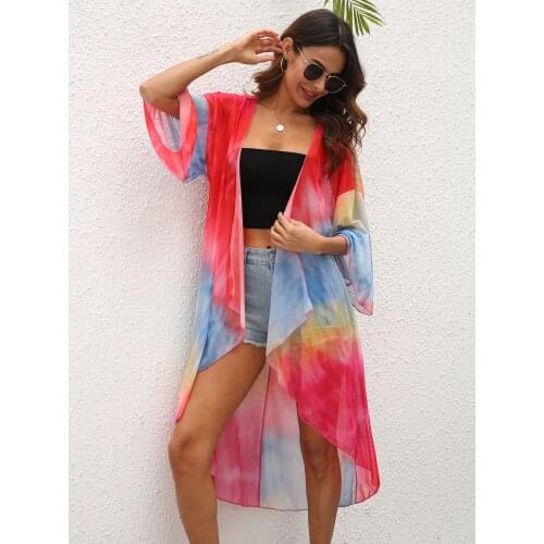 Beach Cardigan 2021 Bikini Cover Up Tie Dye Bathing Suit Women Kimono Plus Size Tunic Sexy 3/4 Sleeve Swimwear Cover-Ups