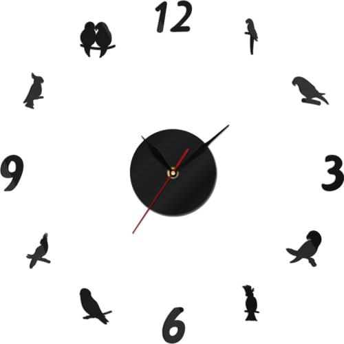 Parrot Bird 3D Silent Quartz Wall Clock Popinjay Acrylic Mirror Stickers Cockatoo Mirror Effect Long Hands Watch Kid Room Decor