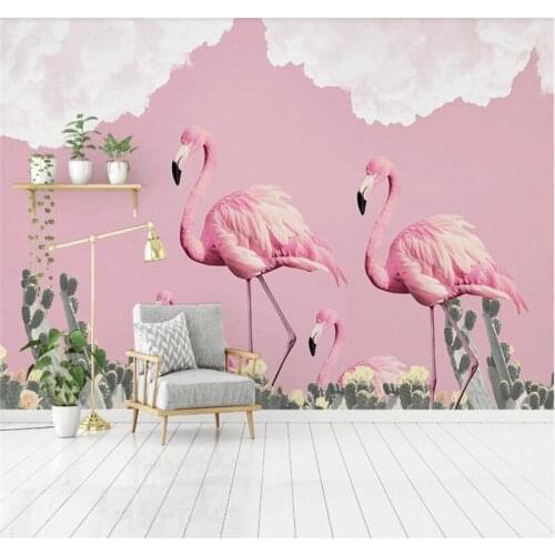 Professional custom wallpaper Nordic simple small fresh flamingo cactus romantic mural decorative painting