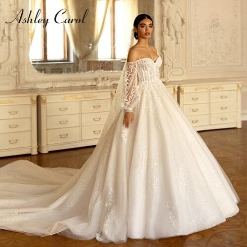 Ashley Carol A-Line Wedding Dress 2021 Delicate Beaded Appliques Sweetheart Bride Puff Sleeve Long Train Princess Bridal Gown