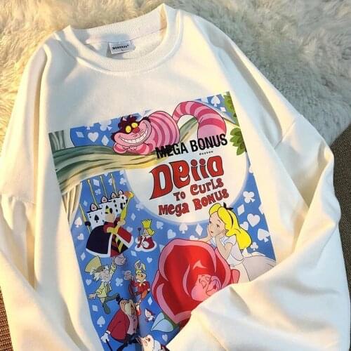 Streetwear Vintage Cute Cartoon Printed Sweatshirt Women New Autumn White Cotton Tops Kawaii Clothes for Teens Korean Fashion