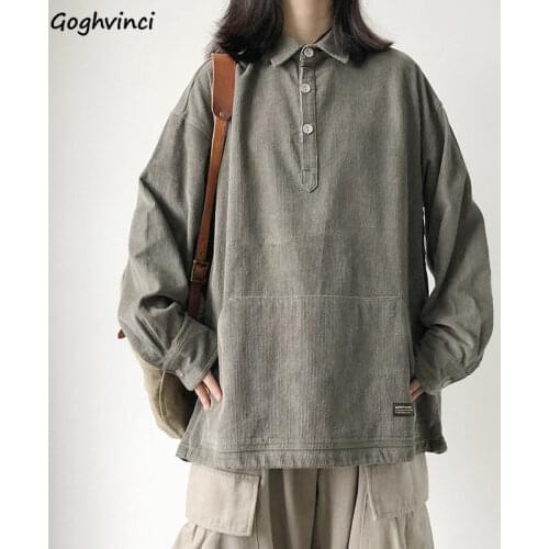 Hoodies Women Corduroy Solid Turn-down Collar Pullover Button Pocket Japanese Style Retro Boyfriend Loose All-match Sweatshirts