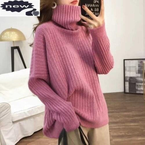 Autumn Winter Korean Solid Womens Turtleneck Long Sleeve Loose Striped Female Colorful Knitted Pullover Sweaters