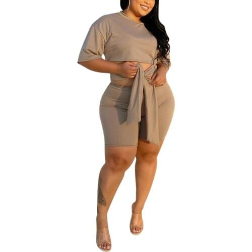 Plus Size Womens suit Casual Clothes Two Piece Casual Set Fashion Solid Color Bandage Short sleeve Tops Tight Shorts Tracksuits