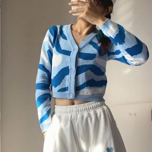 Womens Button Down Cropped Cardigan Sexy Long Sleeve Abstract Print Knit Sweater