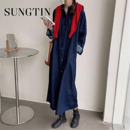 Sungtin Streetwear Loose Vintage Denim Dress Women Chic Single-breasted Full Sleeve Women Pockets Jeans Dress Femme 2021 Korean