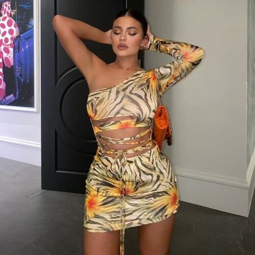 Oblique Shoulder Floral Printed Dress Women Close-fitting Tie-up Dresses Female Hollow Out Sexy Clubwear Vestidos S/ M/ L