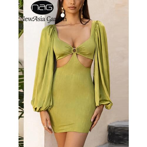 NewAsia Lantern Sleeve White Dress Cut out 2Layer VNeck High Waist Elastic Bodycon Mini Dress Fall Casual Dresses for Women 2021