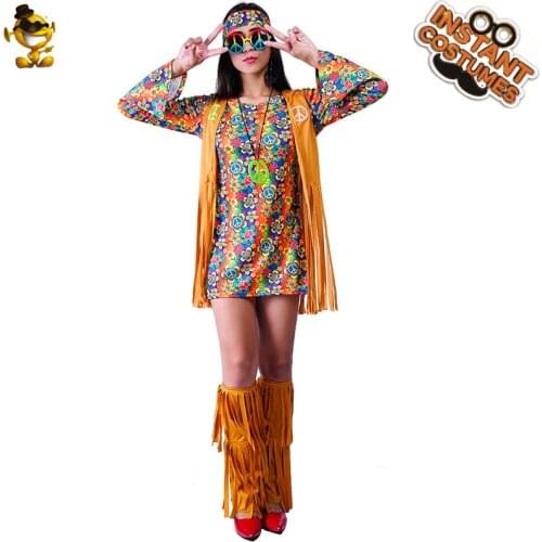 Womens Retro Hippie Costume with Ankle Socks Halloween Role Play Outfit Carnival Cosplay Adult Flower Hippie Dress (Size S,M,L)