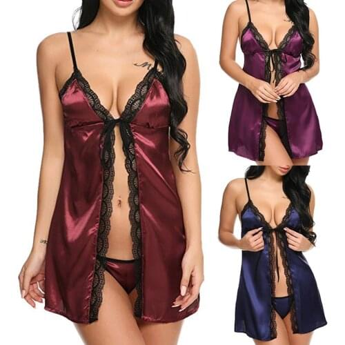 Bow Silk Satin Women 2 Pieces Lingerie Sexy Hot Nightdress Hollow Backless Sleepwear Pajamas Set Lenceria Sensual Mujer S-3XL