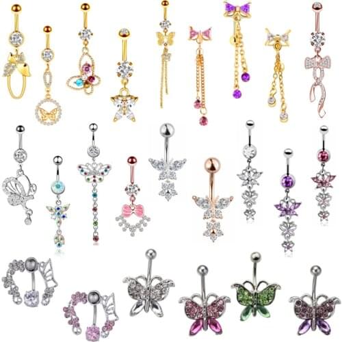 1/2PCS Butterfly Belly Button Ring 14G Surgical Steel Navel Piercing Ring Cute Butterfly Belly Bar Navel Dangle Piercing Umbigo