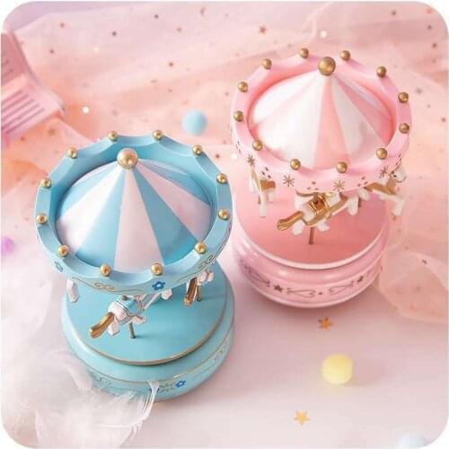 1pc Wind Up Wooden Horse Roundabout Carousel Musical Christmas Box Kid Birthday Gift O3Y1