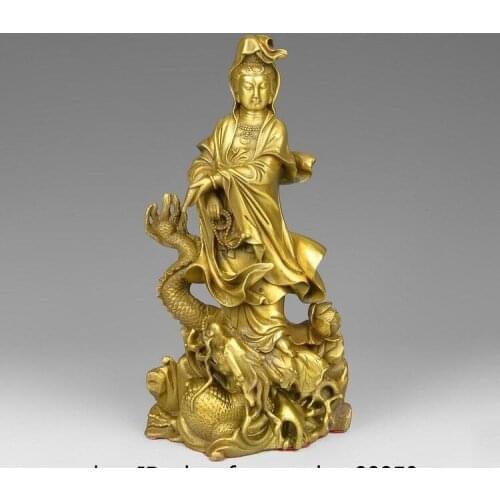10 Tibet Buddhism Brass Copper Kwan-yin Guanyin Bodhisattva Ride Dragon Statue