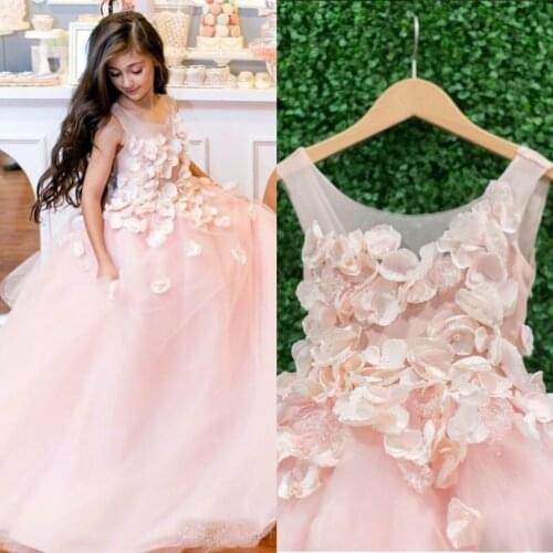 2019 Blush Pink Flower Girl Dresses Sheer Neck 3D Floral Appliques Beaded Tulle Communion Dress vestidos de fiesta