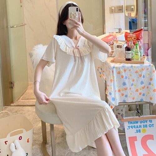 2021 Summer Sweet Princess Short Sleeve Cotton Nightgowns for Women Long Dress Sleepwear Night Gown Nightdress Home Dress Nighty