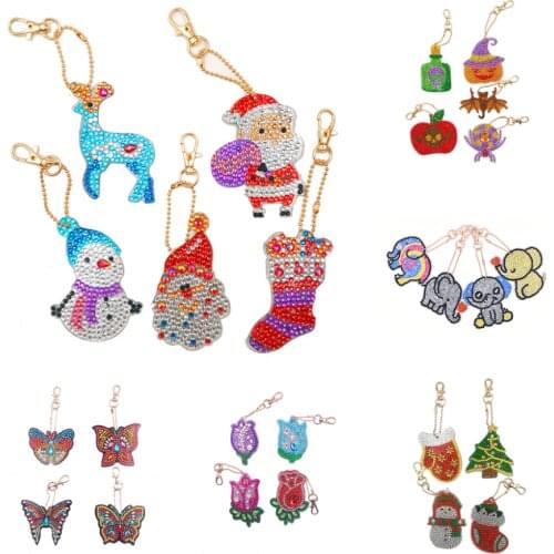 4/5 Pcs DIY Diamond Painting Keychain Keyring Cartoon Animal Diamond Embroidery Bag Pendant Christmas Handmade Gift Crafts