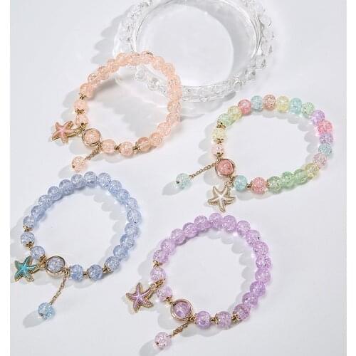 Girls Beaded Bracelets with Starfishes Shell Pendant Korean Style Colored Glaze Bead Friendship Stretchy Bracelets SAL99