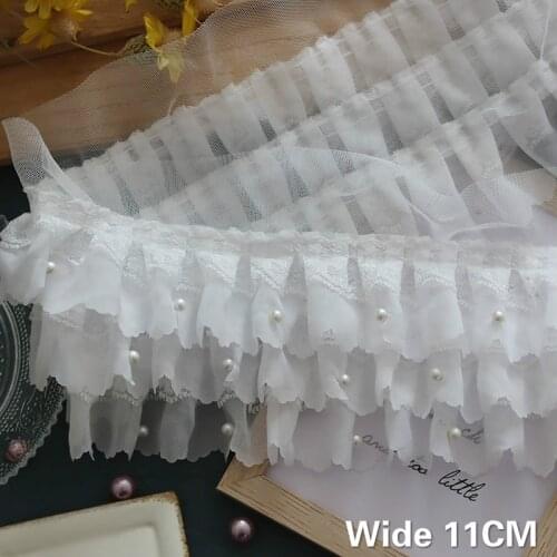 11CM Wide Three Layers White Pleated Chiffon Fabric Lace Beads Embroidered Fringe Ribbon Ruffle Trim Wedding DIY Sewing Supplies