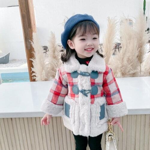 Childrenswear Fat Girls Winter Korean-style Lattice plus Cotton Padded Coat 2020 New Style Rabbit Fur Warm Coat