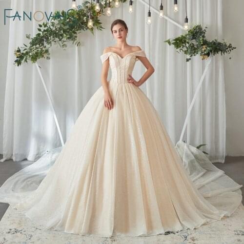 Elegant Champagne Wedding Dress 2019 vestido de noiva Off-shoulder Shinny Ball Gown Wedding Gowns robe de mariee Bridal Dress