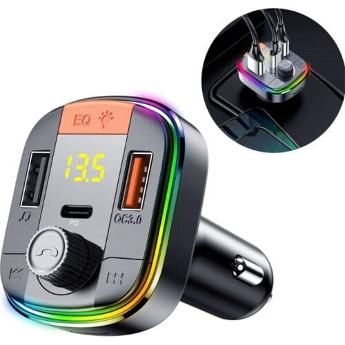 FM Transmitter Bluetooth Adapter Car Mp3 Player Colorful Hands-Free Call 2 USB Ports with PD QC 3.0 Car Fast Charging