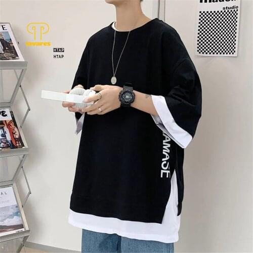 TAVARES Men Short Sleeve Fake two-piece split T-Shirts Summer Casual Tees Slub cotton Tops Oversized Streetwear Harajuku T-Shirt