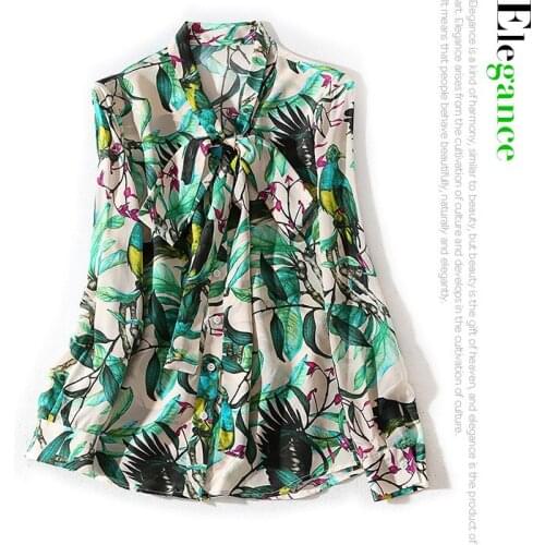 Printed ribbon jungle birds and flowers of autumn new fund long-sleeved jacket female single-breasted joker silk shirt