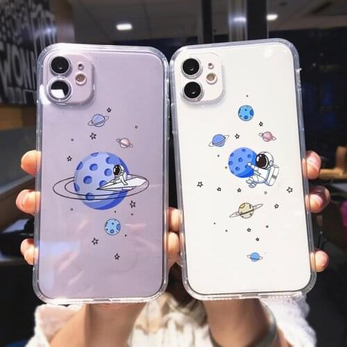 Cute Astronaut Planet Phone Case For iPhone 11 Pro 12 X XR XS MAX SE2020 6 7 8Plus Cartoon Soft Silicone Cover Transparent Coque
