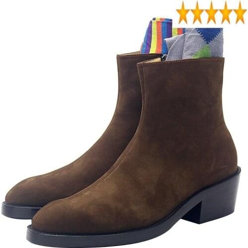 Men 2021 Suede High Heel Zipper Pointed Toe Genuine Leather Ankle Boots Autumn Brown Casual Shoes Brand Quality