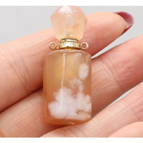 Natural Stone Perfume Bottle Pendant Cherry Blossom Agates Essential Oil Diffuser Pendant Charms for Jewelry Gift 15x35mm